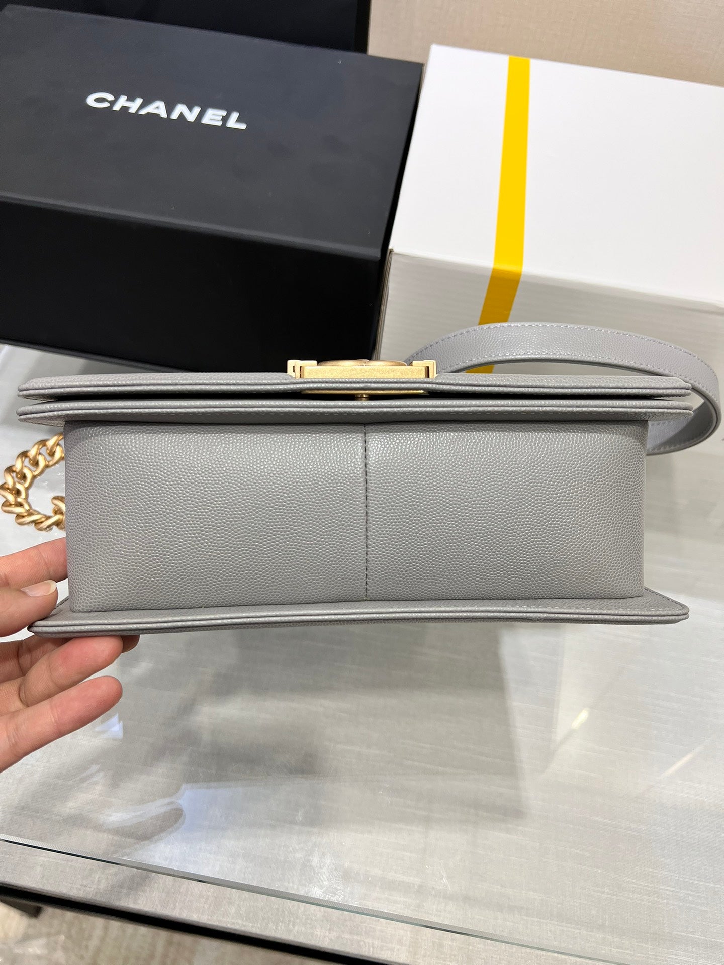 CHANEL BOY BAG MEDIUM 25 GREY CAVIAR GOLD HARDWARE