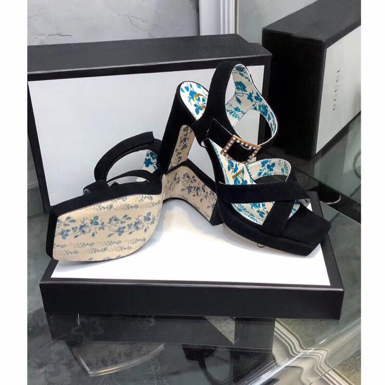 GUCCI HIGH SANDAL BLACK SUEDE WITH PATTERNS