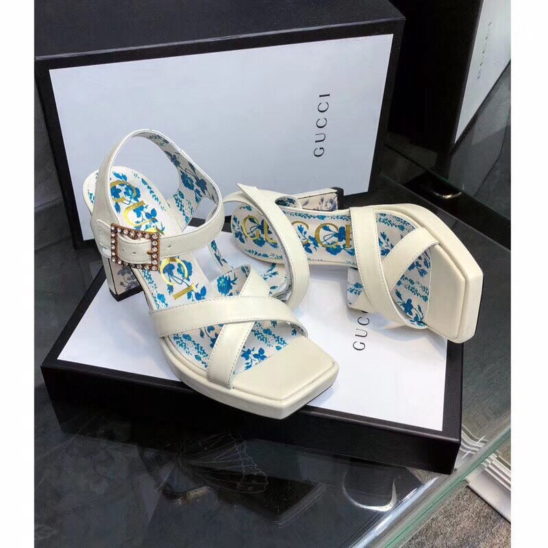 GUCCI HIGH SANDAL WHITE CALFSKIN WITH PATTERNS