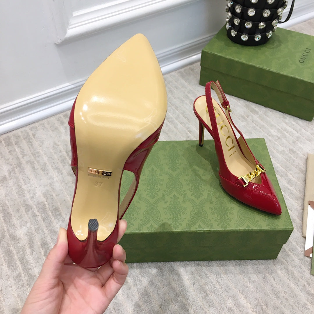 GUCCI HIGH HEEL SLINGBACK RUBY CALFSKIN WITH CHAIN