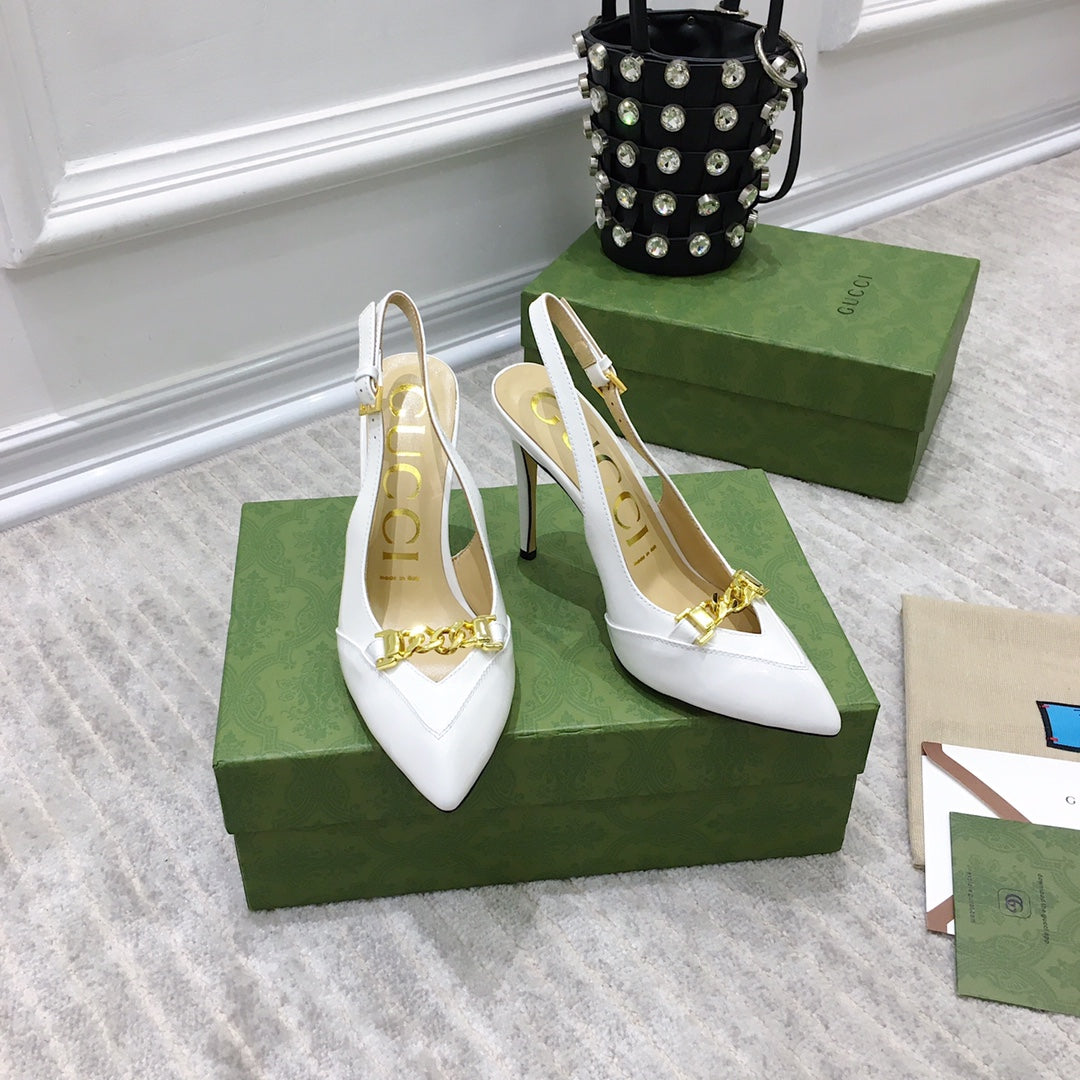 GUCCI HIGH HEEL SLINGBACK WHITE CALFSKIN WITH CHAIN