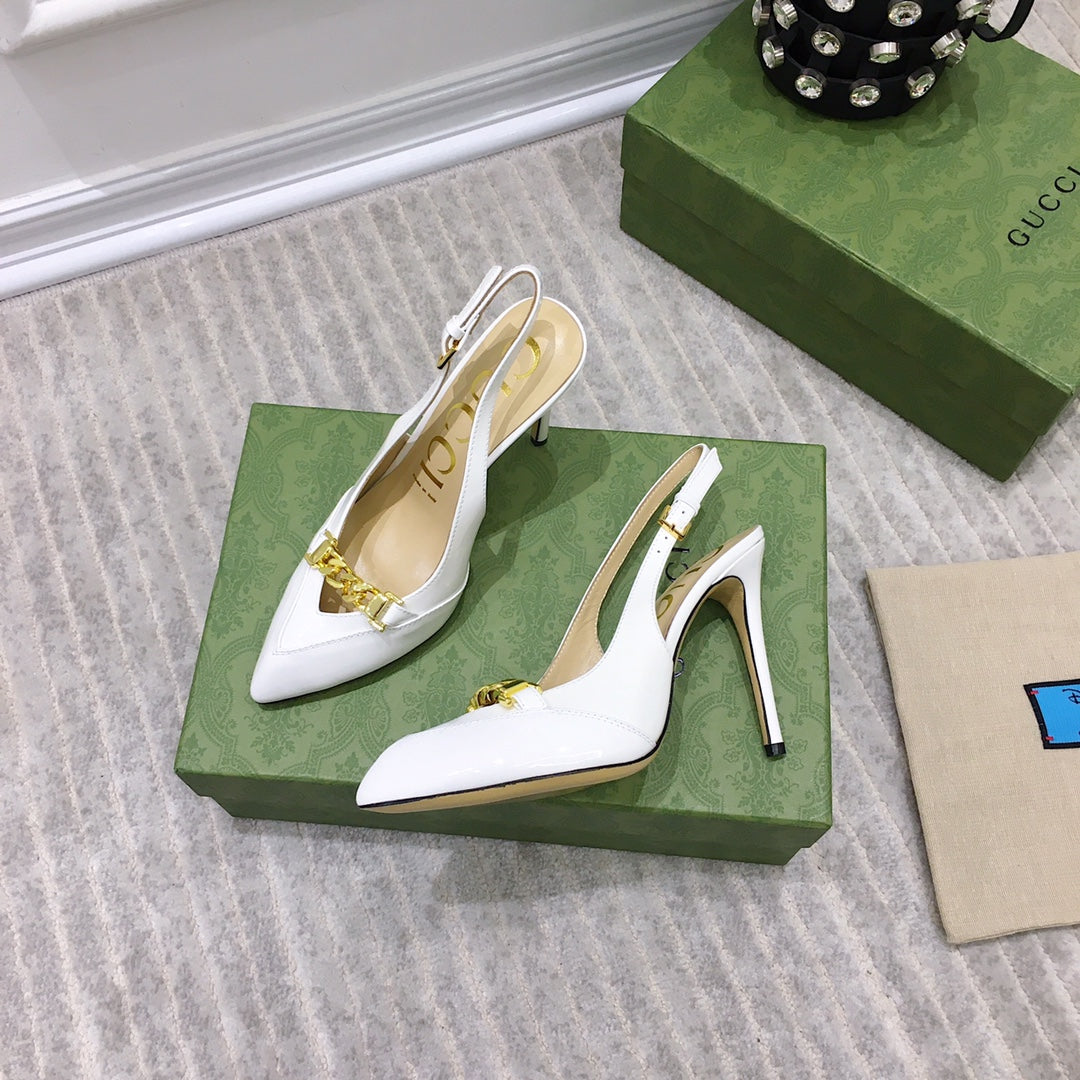 GUCCI HIGH HEEL SLINGBACK WHITE CALFSKIN WITH CHAIN