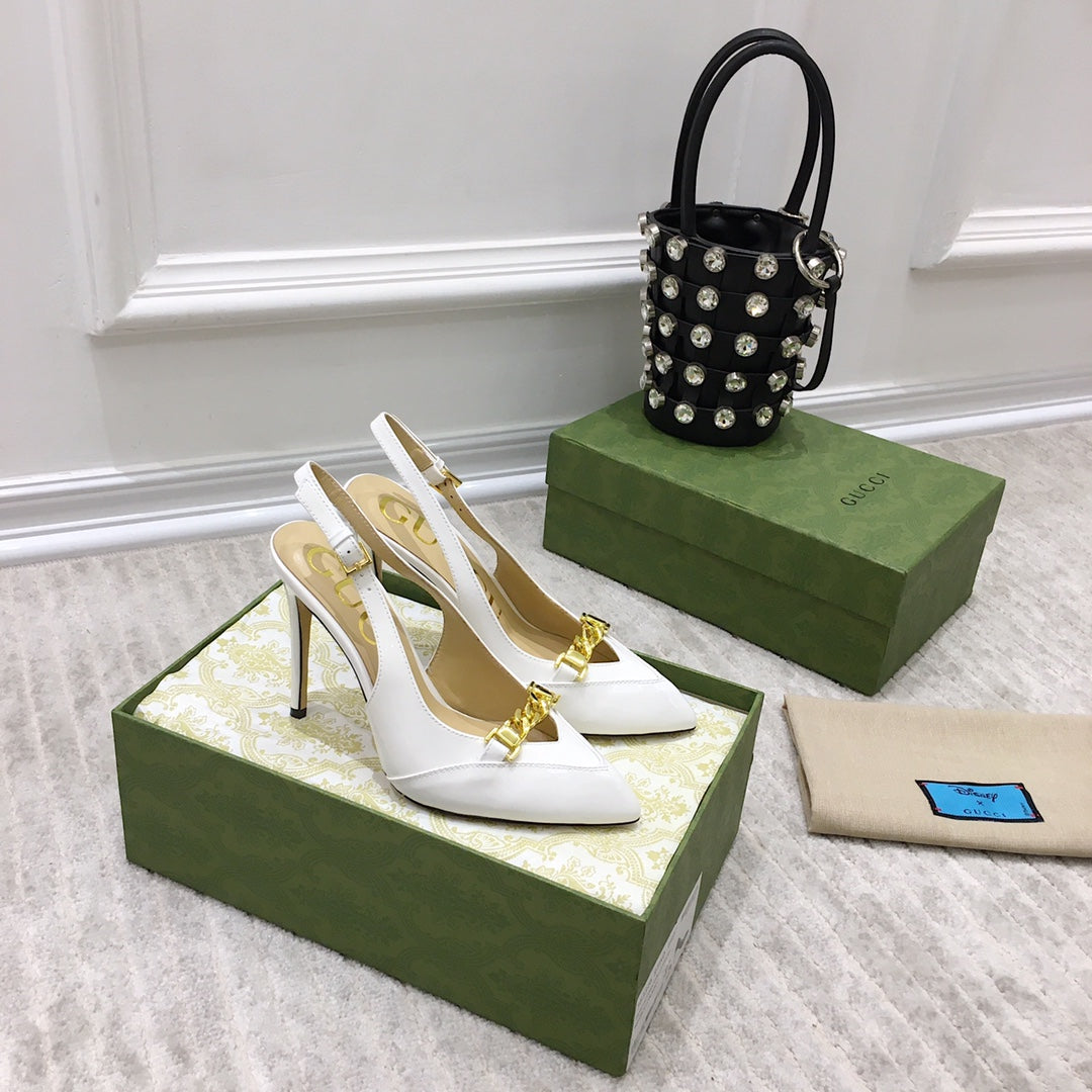 GUCCI HIGH HEEL SLINGBACK WHITE CALFSKIN WITH CHAIN
