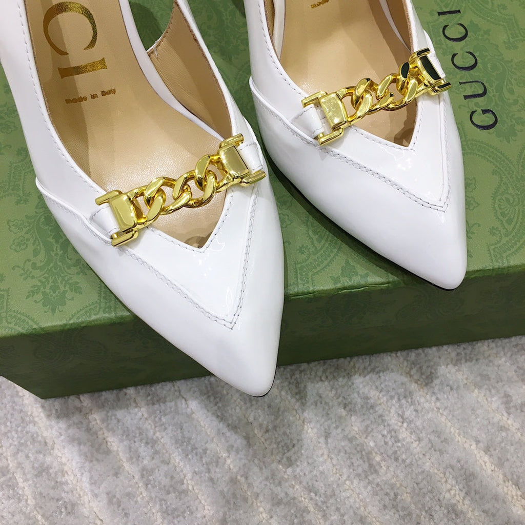 GUCCI HIGH HEEL SLINGBACK WHITE CALFSKIN WITH CHAIN