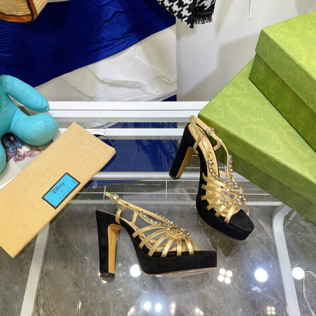 GUCCI CRYSTAL HIGH HEEL SANDAL BLACK LAMBSKIN
