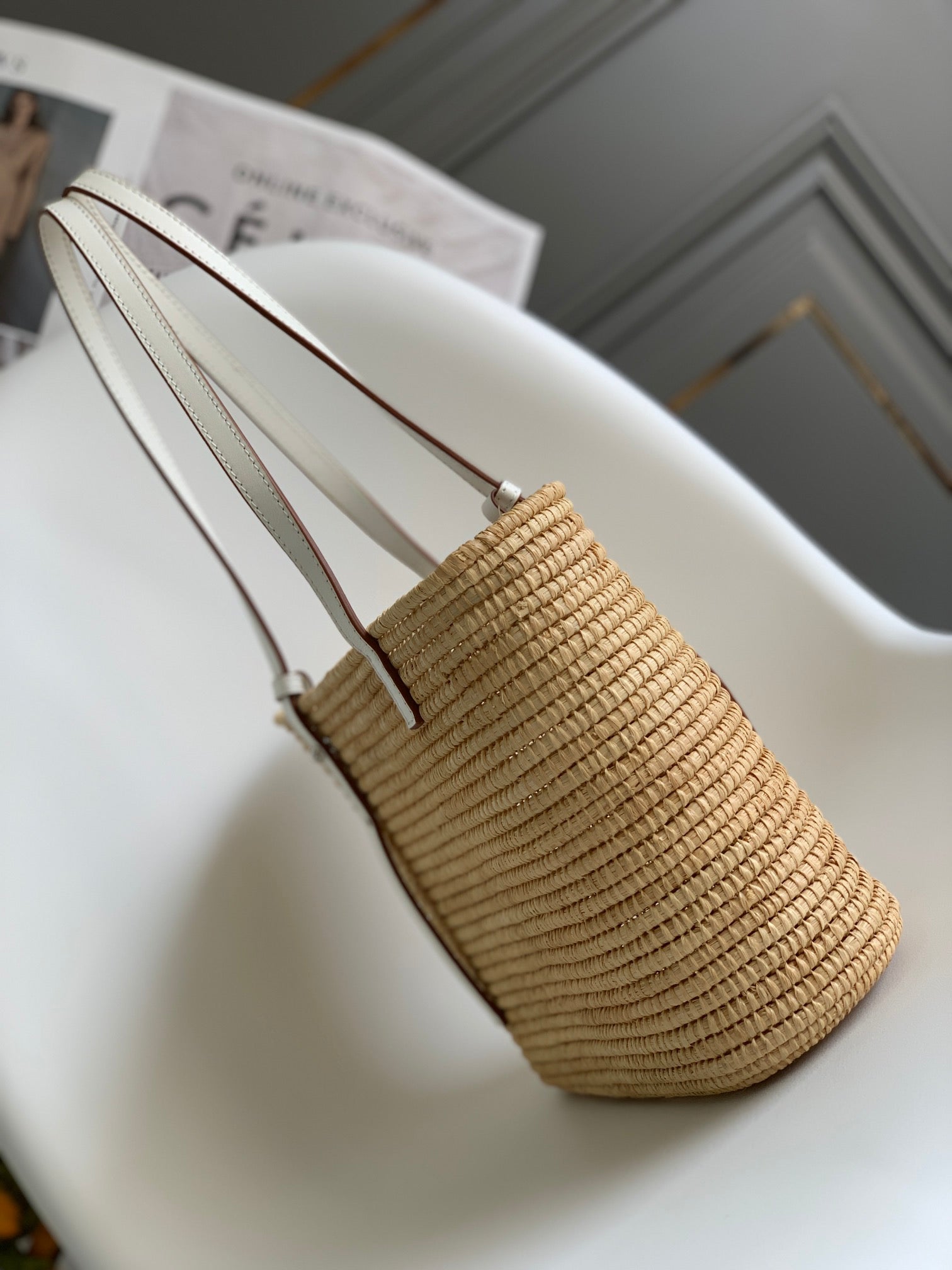 LOEWE 25S BASKET BAG 30 IN NATURAL MIX WHITE RAFFIA CALFSKIN SHOULDER STRAP