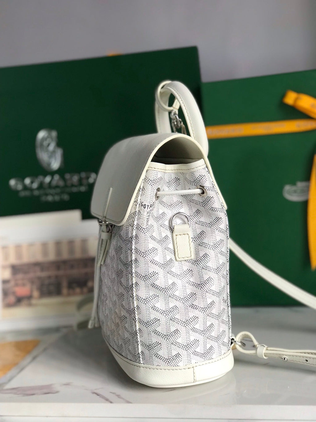 ALPIN MINI BACKPACK 21 IN WHITE LAMBSKIN AND GOYARDINE CANVAS
