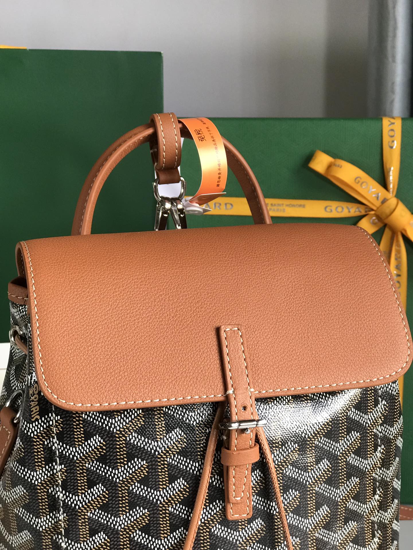 ALPIN MINI BACKPACK 21 IN TAN LAMBSKIN AND BLACK GOYARDINE CANVAS