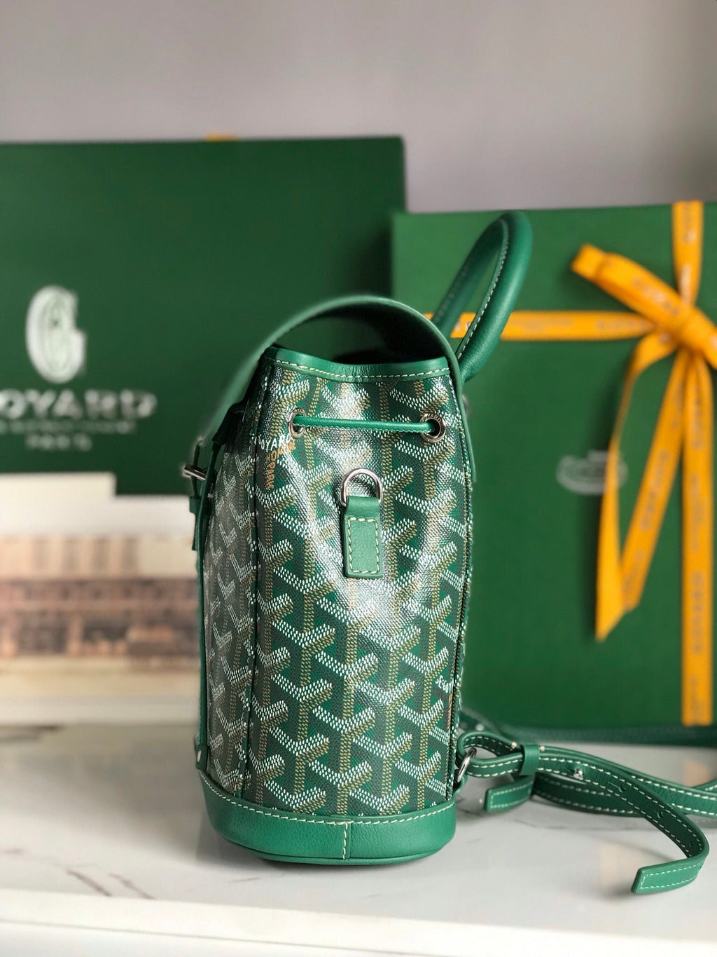 ALPIN MINI BACKPACK 21 IN GREEN LAMBSKIN AND GOYARDINE CANVAS