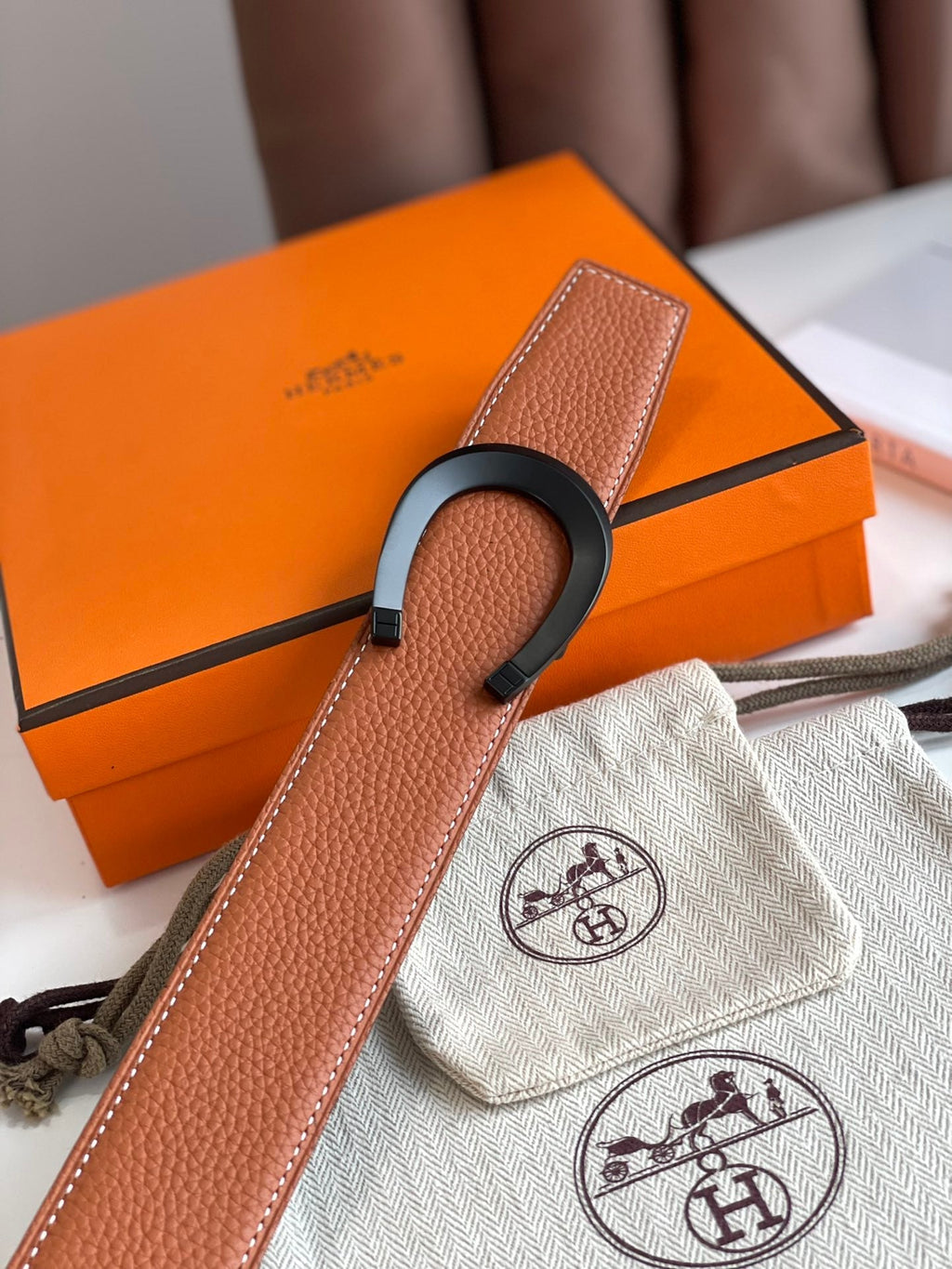 HERMES LUCK BELT BUCKLE & REVERSIBLE GINGER ORANGE LEATHER STRAP 38MM BLACK HARDWARE