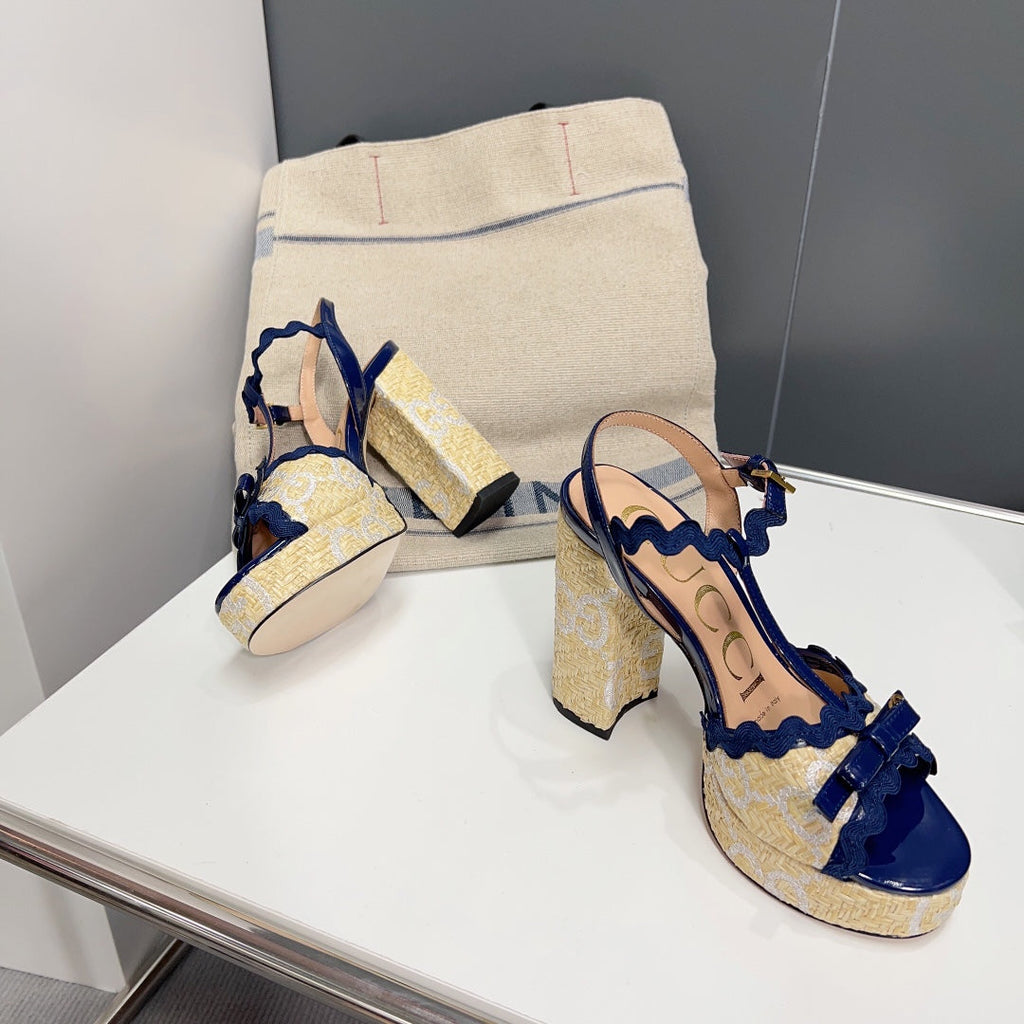 GUCCI 105 HIGH HEEL SANDAL NAVY STRAW
