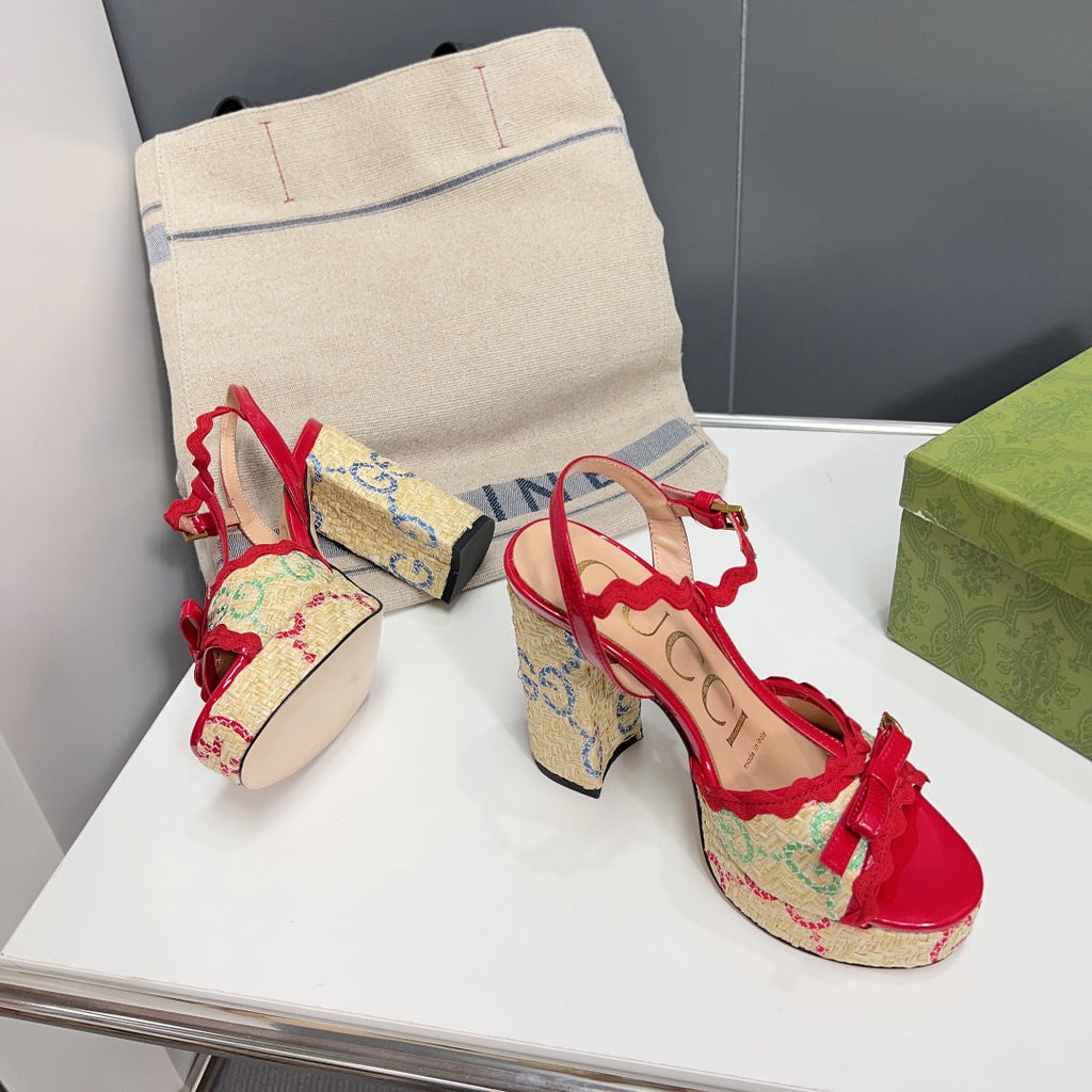 GUCCI 105 HIGH HEEL SANDAL CRIMSON STRAW