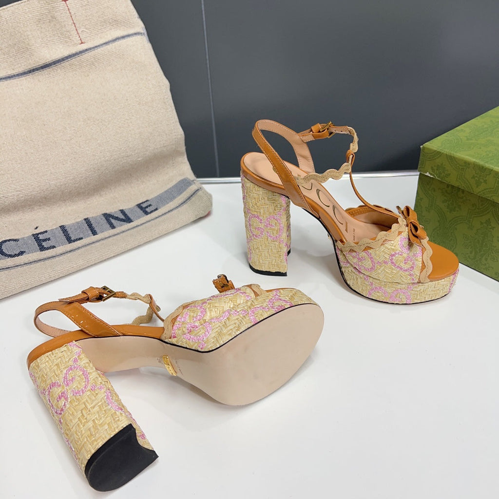 GUCCI 105 HIGH HEEL SANDAL AMBER STRAW