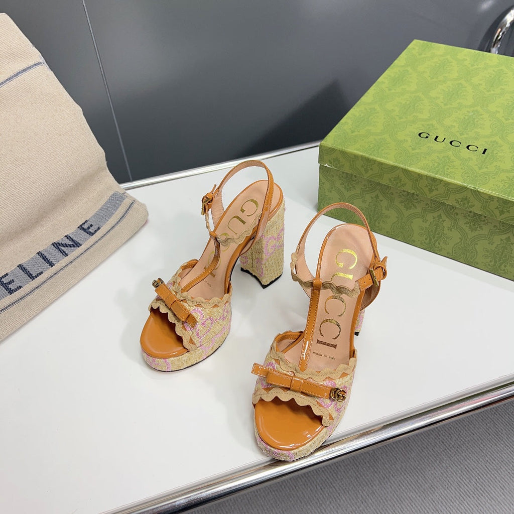 GUCCI 105 HIGH HEEL SANDAL AMBER STRAW