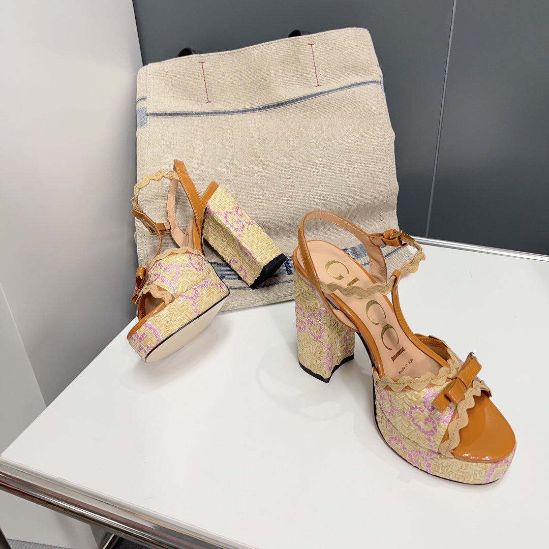 GUCCI 105 HIGH HEEL SANDAL AMBER STRAW