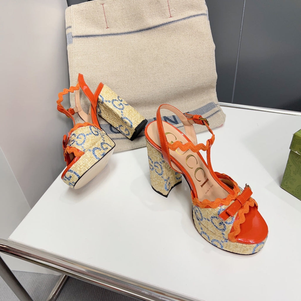 GUCCI 105 HIGH HEEL SANDAL ORANGE STRAW