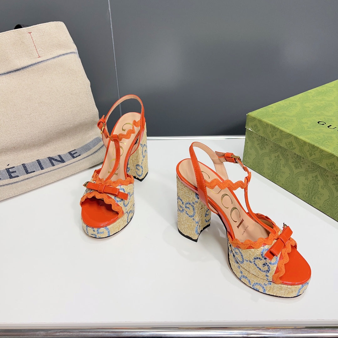 GUCCI 105 HIGH HEEL SANDAL ORANGE STRAW