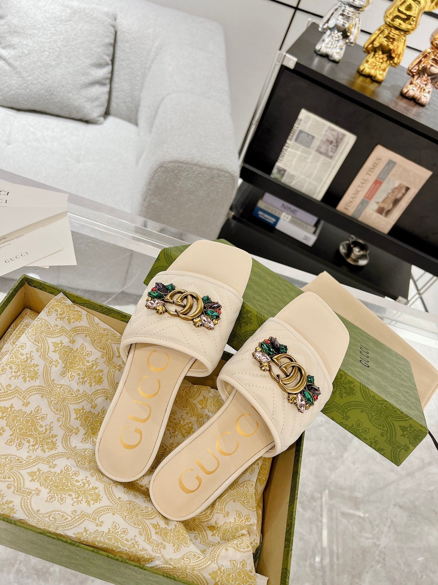 GUCCI SPARKLE CRYSTAL SLIDE SANDAL CREAM CALFSKIN