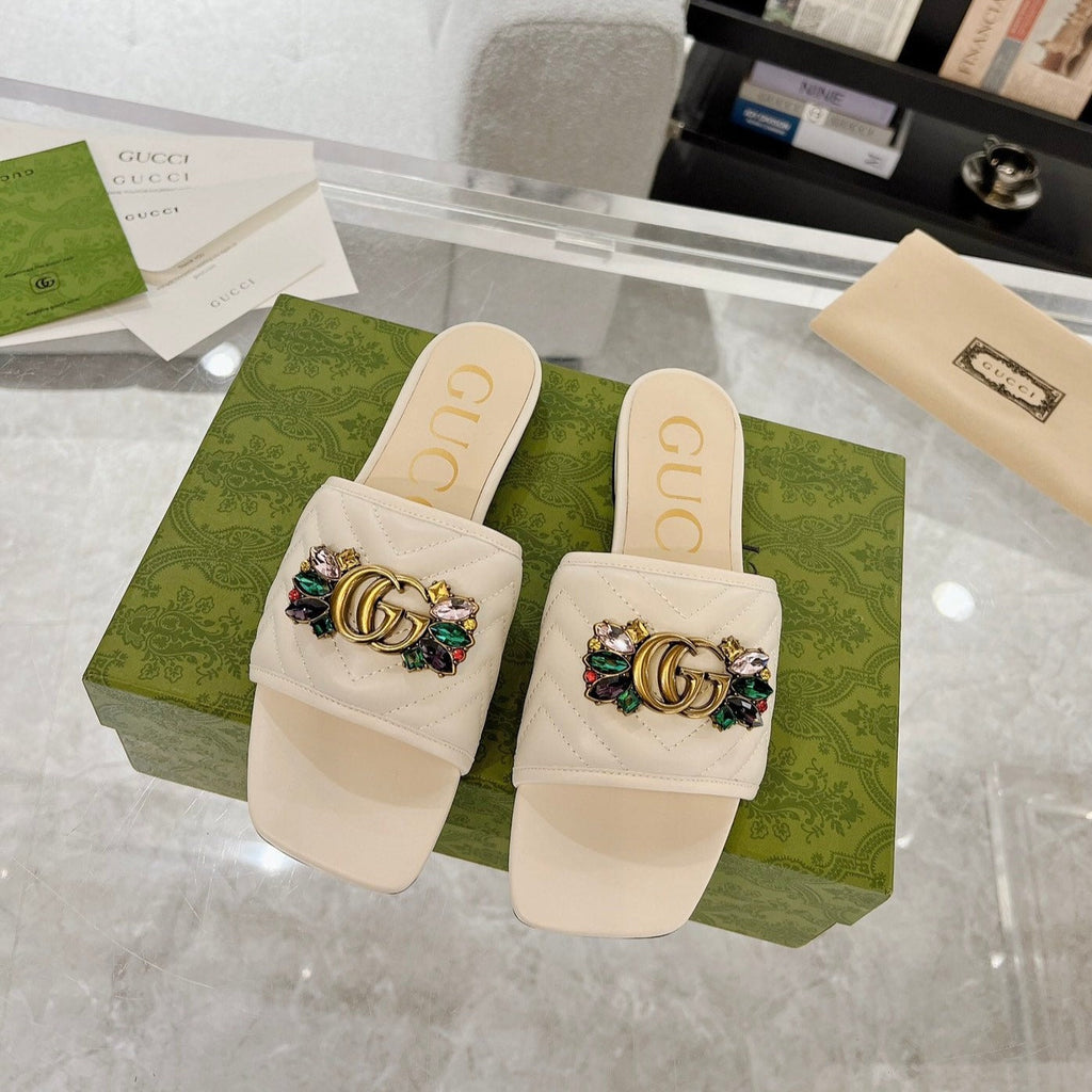 GUCCI SPARKLE CRYSTAL SLIDE SANDAL CREAM CALFSKIN