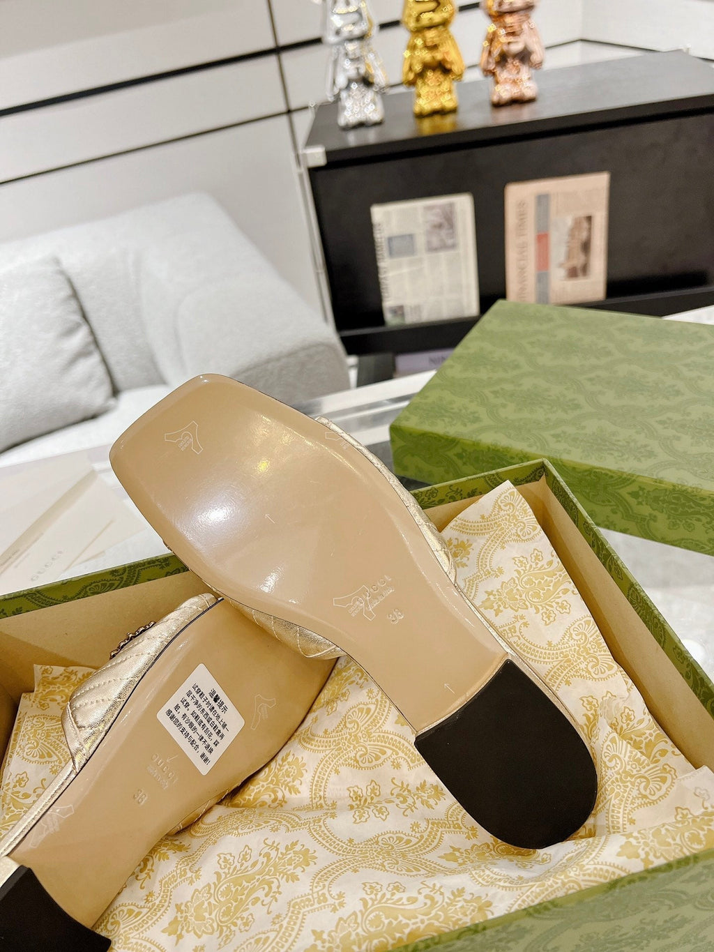 GUCCI SPARKLE CRYSTAL SLIDE SANDAL METALLIC GOLD CALFSKIN