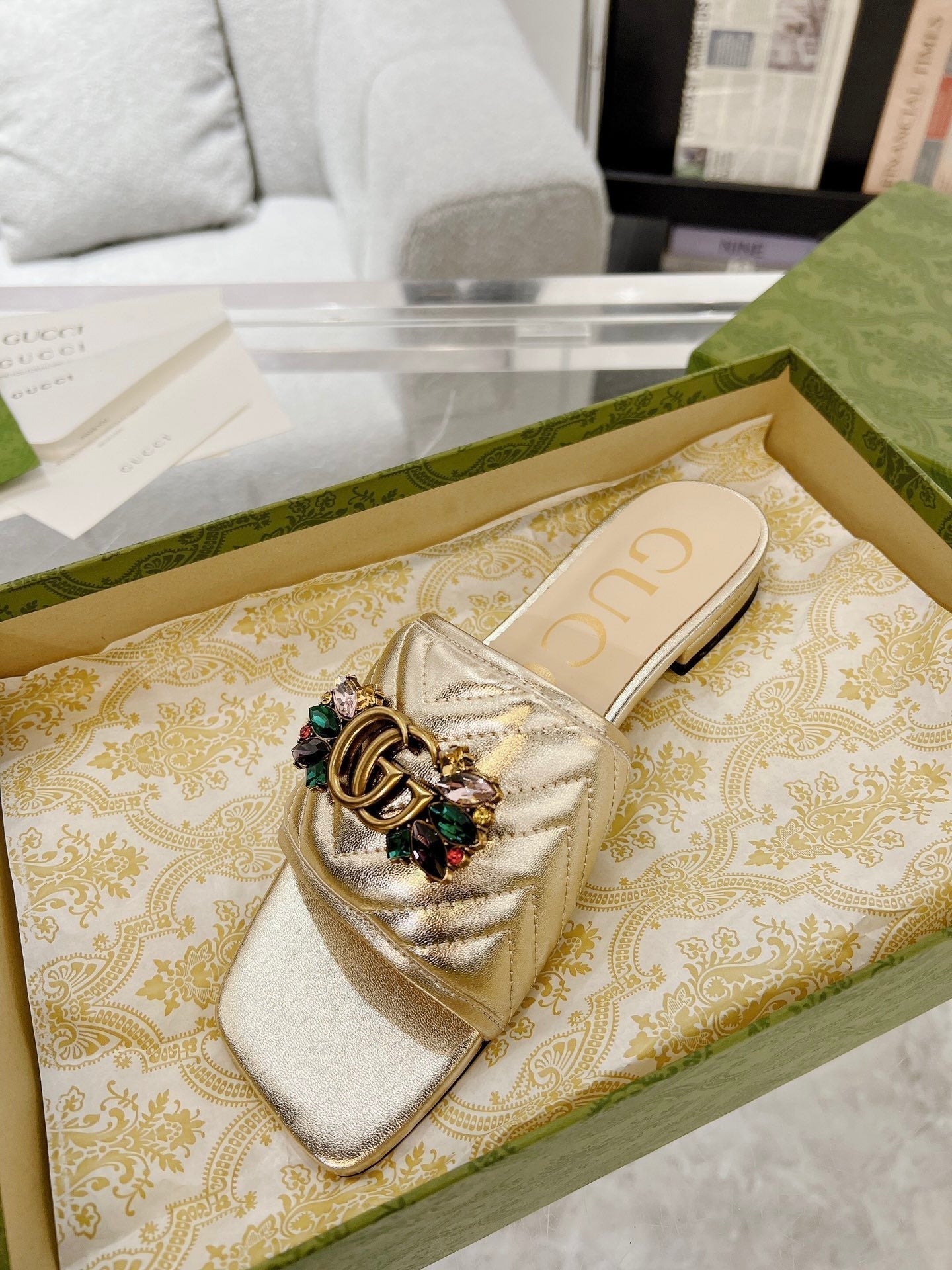 GUCCI SPARKLE CRYSTAL SLIDE SANDAL METALLIC GOLD CALFSKIN