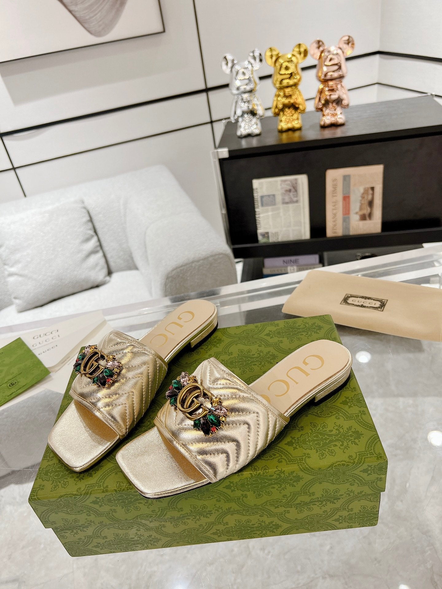 GUCCI SPARKLE CRYSTAL SLIDE SANDAL METALLIC GOLD CALFSKIN
