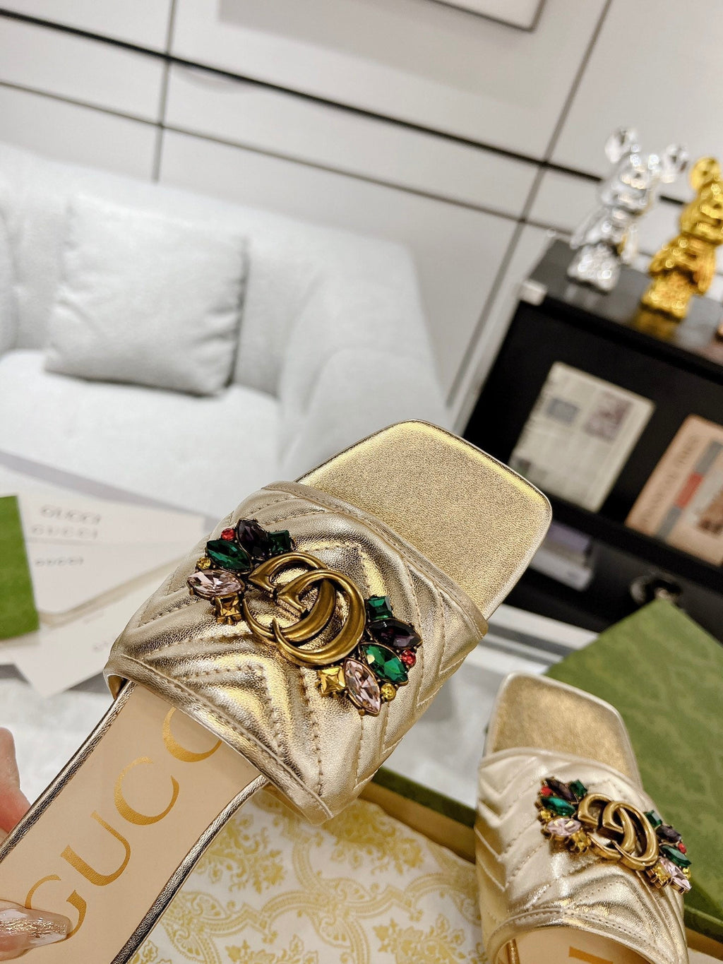 GUCCI SPARKLE CRYSTAL SLIDE SANDAL METALLIC GOLD CALFSKIN
