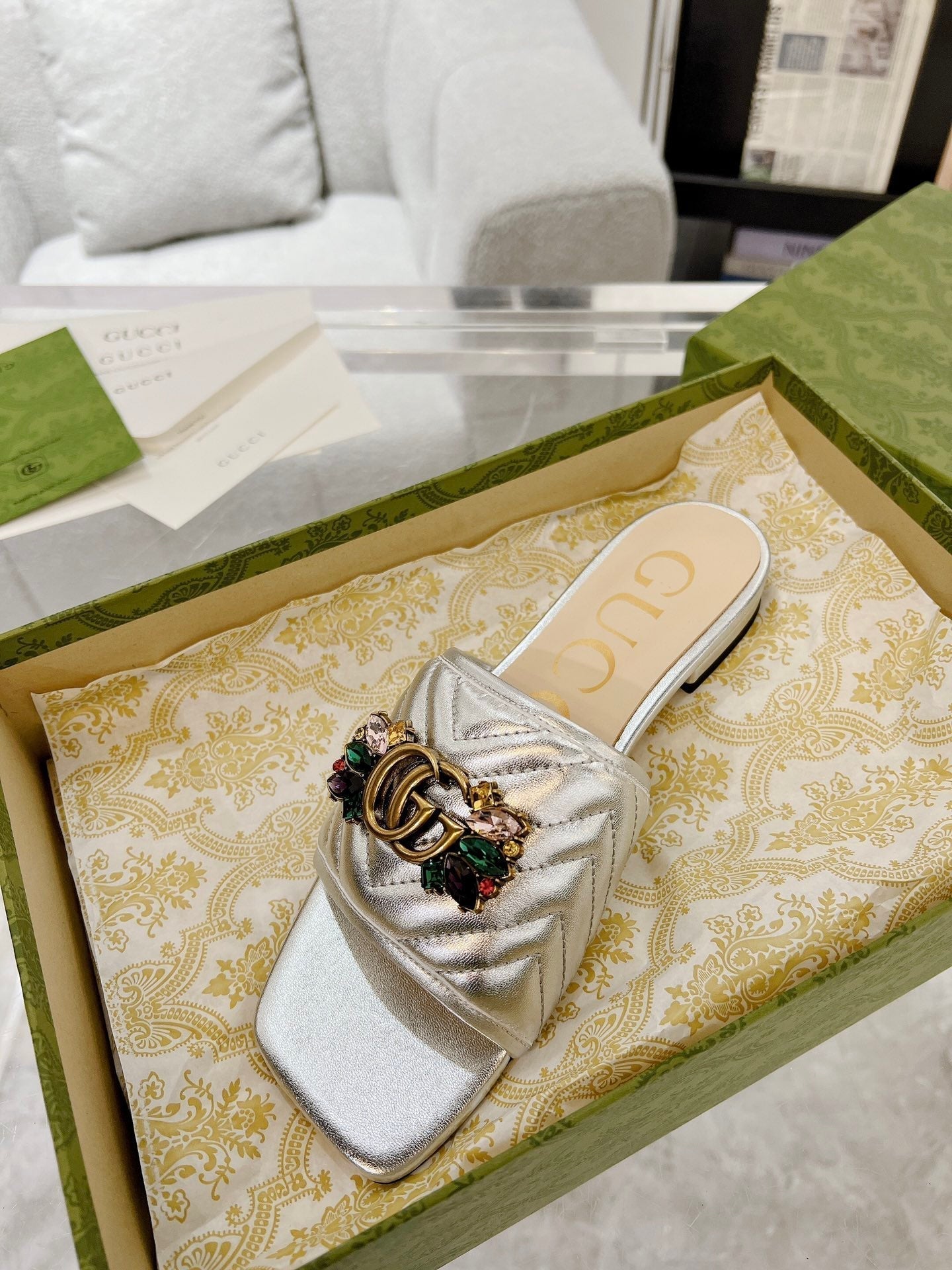 GUCCI SPARKLE CRYSTAL SLIDE SANDAL SILVER CALFSKIN