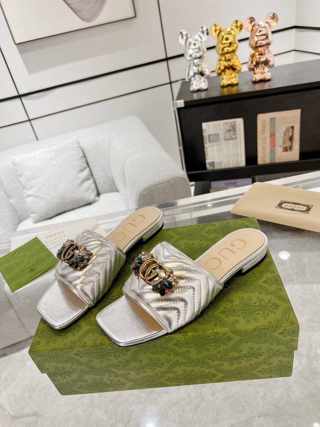 GUCCI SPARKLE CRYSTAL SLIDE SANDAL SILVER CALFSKIN