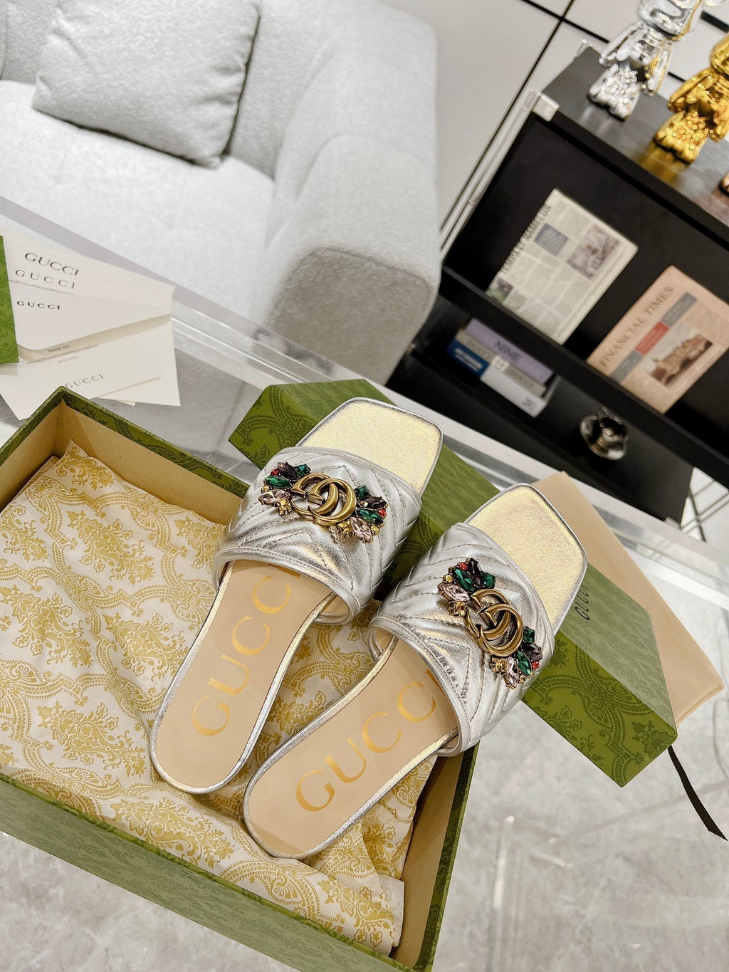 GUCCI SPARKLE CRYSTAL SLIDE SANDAL SILVER CALFSKIN