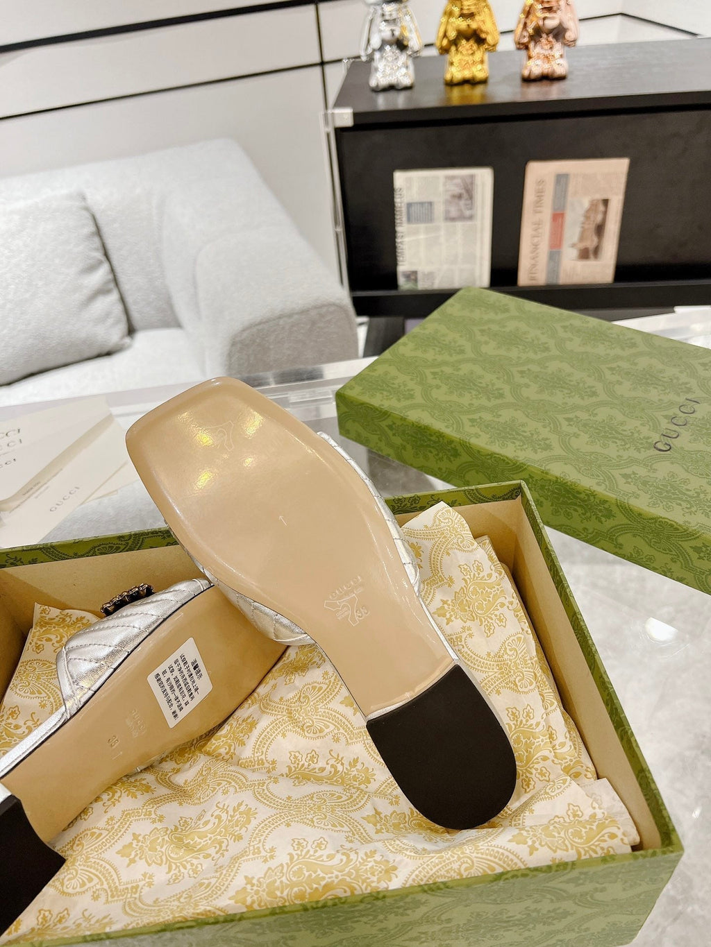 GUCCI SPARKLE CRYSTAL SLIDE SANDAL SILVER CALFSKIN