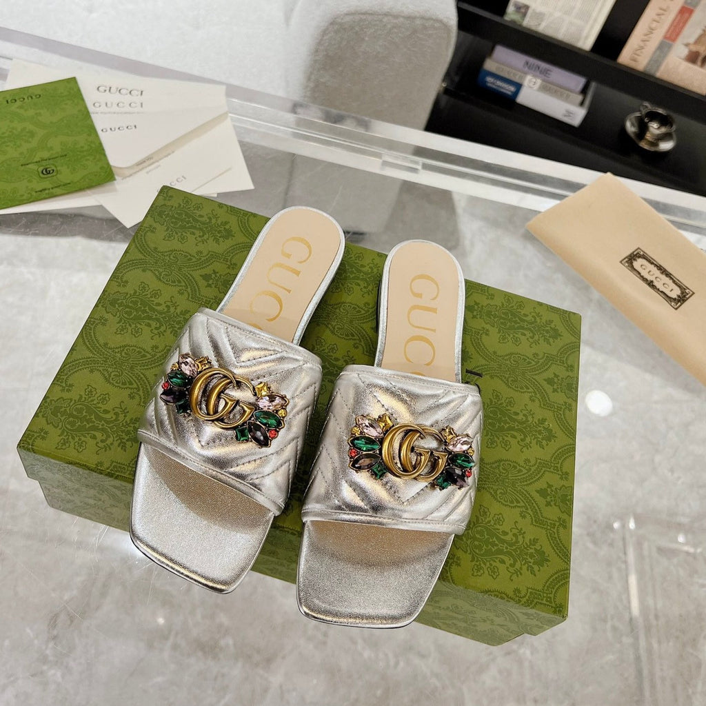GUCCI SPARKLE CRYSTAL SLIDE SANDAL SILVER CALFSKIN