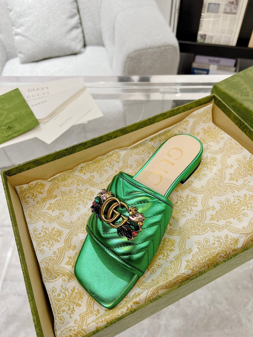 GUCCI SPARKLE CRYSTAL SLIDE SANDAL METALLIC GREEN CALFSKIN