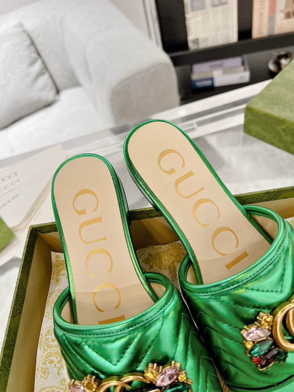 GUCCI SPARKLE CRYSTAL SLIDE SANDAL METALLIC GREEN CALFSKIN