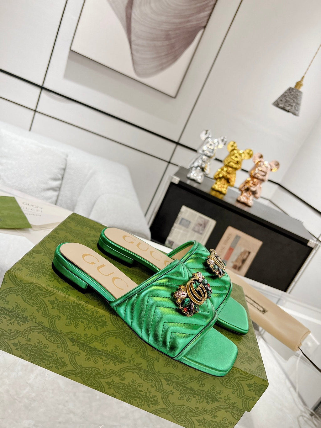 GUCCI SPARKLE CRYSTAL SLIDE SANDAL METALLIC GREEN CALFSKIN