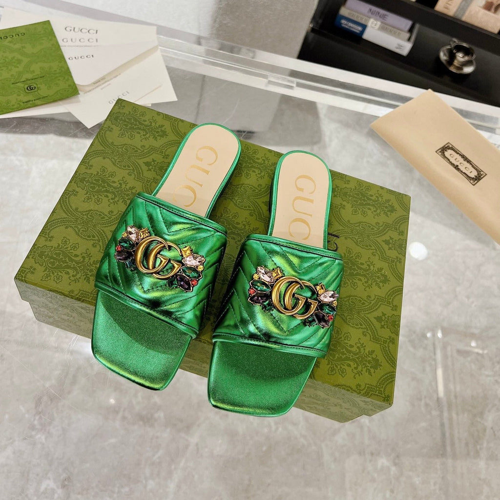 GUCCI SPARKLE CRYSTAL SLIDE SANDAL METALLIC GREEN CALFSKIN