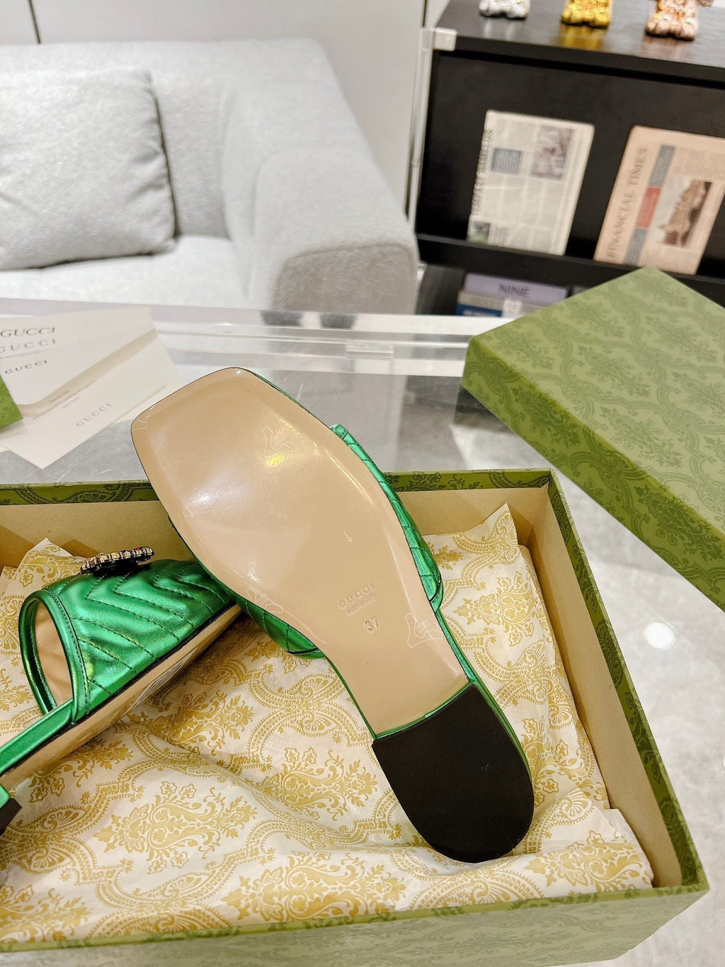 GUCCI SPARKLE CRYSTAL SLIDE SANDAL METALLIC GREEN CALFSKIN
