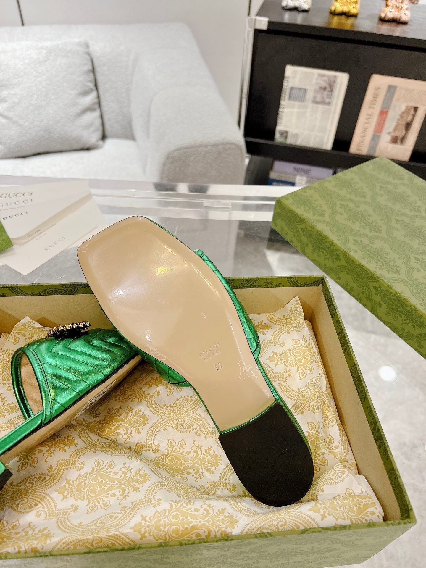 GUCCI SPARKLE CRYSTAL SLIDE SANDAL METALLIC GREEN CALFSKIN