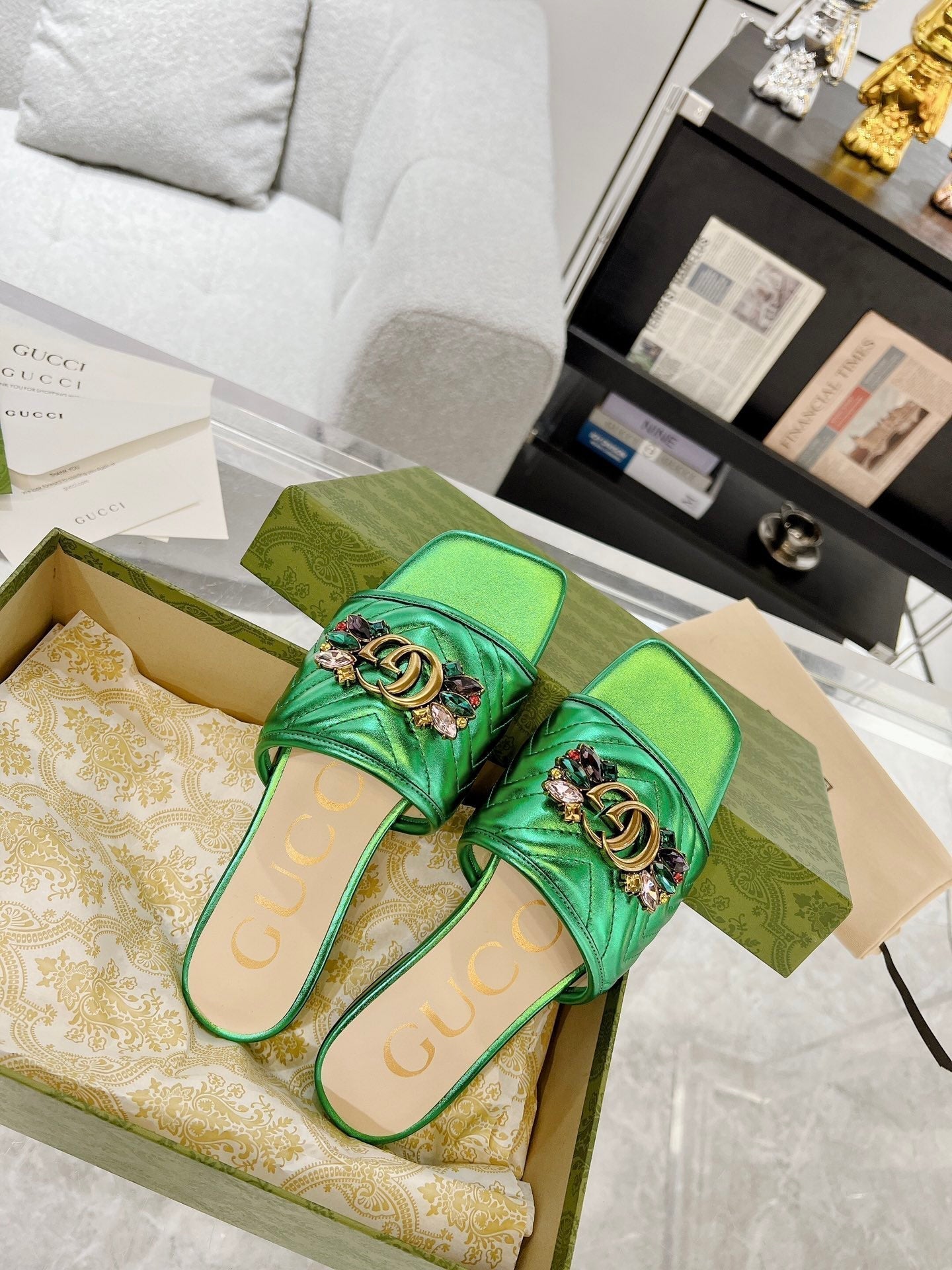 GUCCI SPARKLE CRYSTAL SLIDE SANDAL METALLIC GREEN CALFSKIN