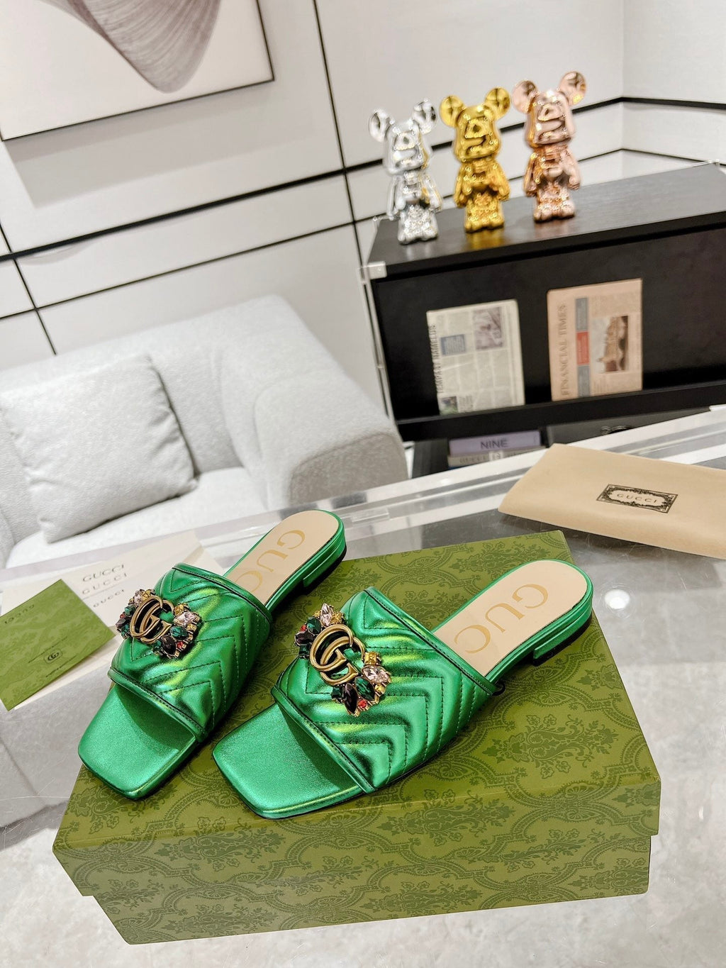 GUCCI SPARKLE CRYSTAL SLIDE SANDAL METALLIC GREEN CALFSKIN