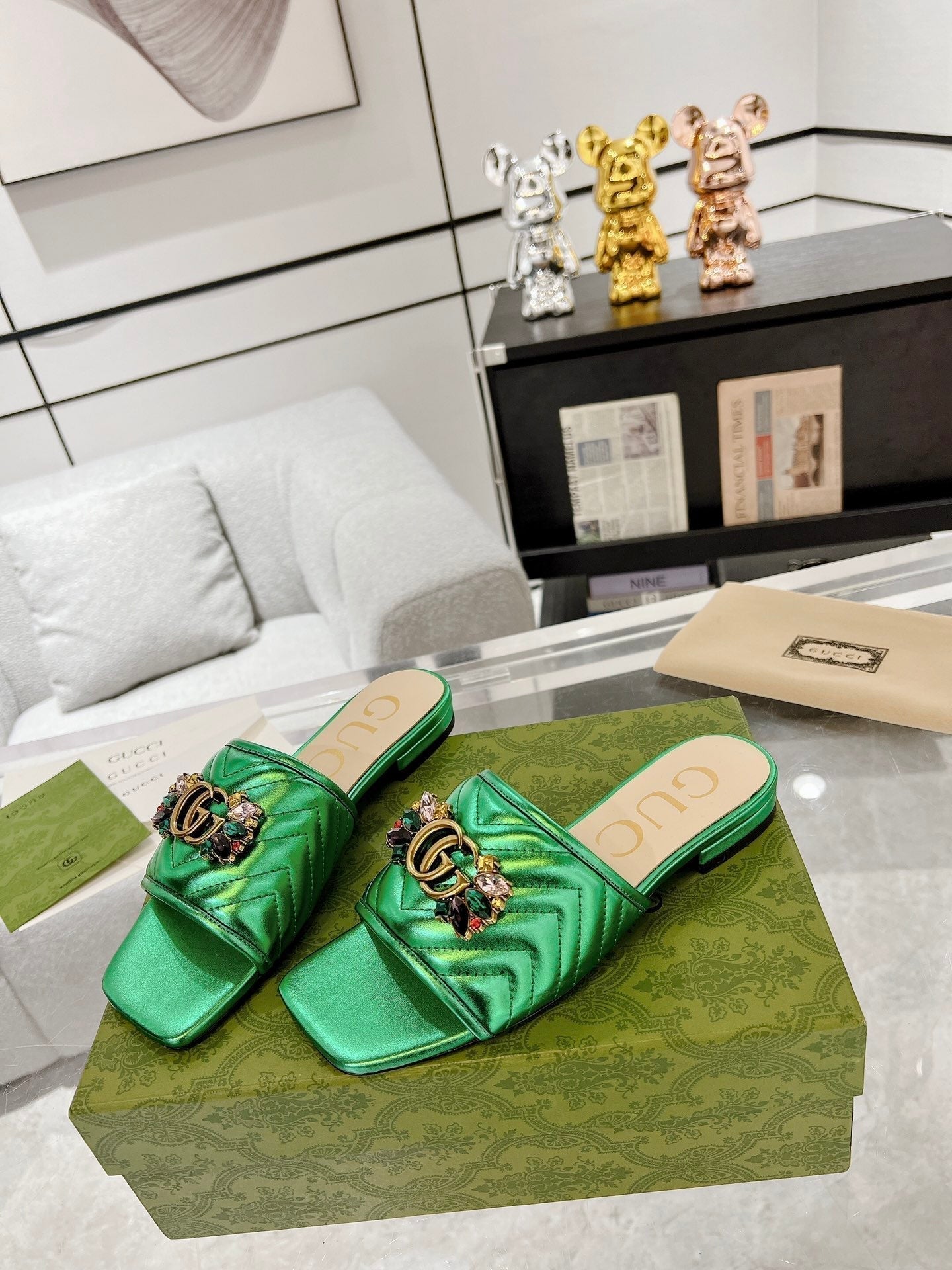 GUCCI SPARKLE CRYSTAL SLIDE SANDAL METALLIC GREEN CALFSKIN
