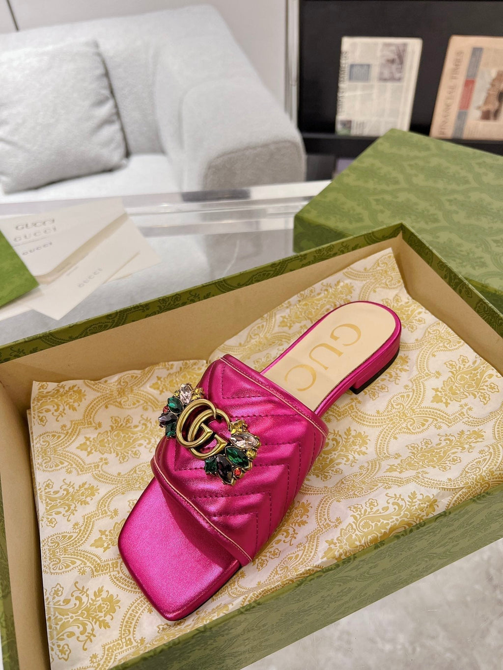 GUCCI SPARKLE CRYSTAL SLIDE SANDAL METALLIC PINK CALFSKIN