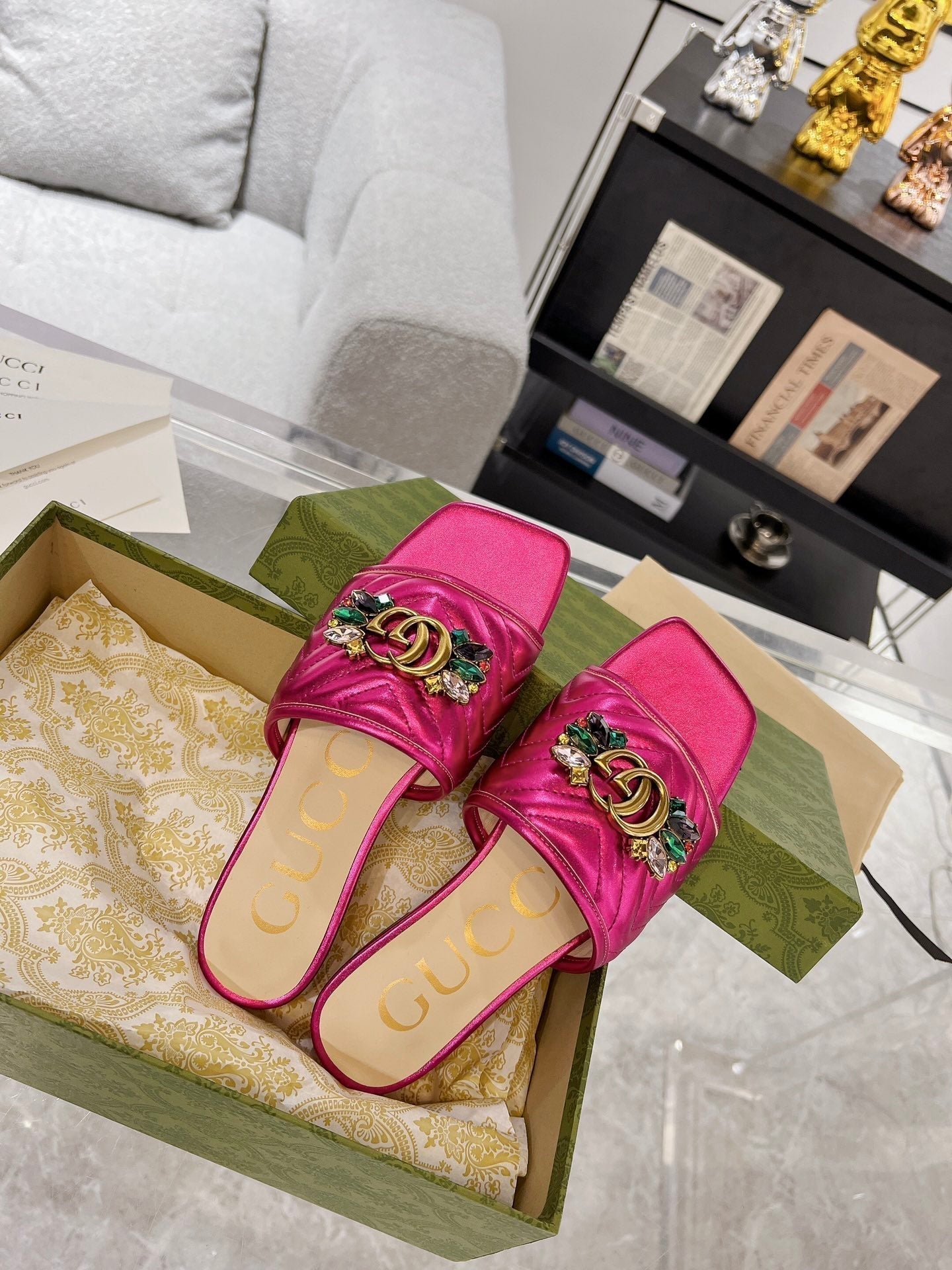 GUCCI SPARKLE CRYSTAL SLIDE SANDAL METALLIC PINK CALFSKIN