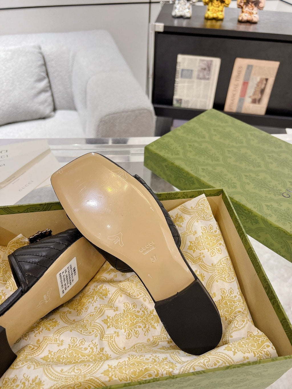 GUCCI SPARKLE CRYSTAL SLIDE SANDAL BLACK CALFSKIN