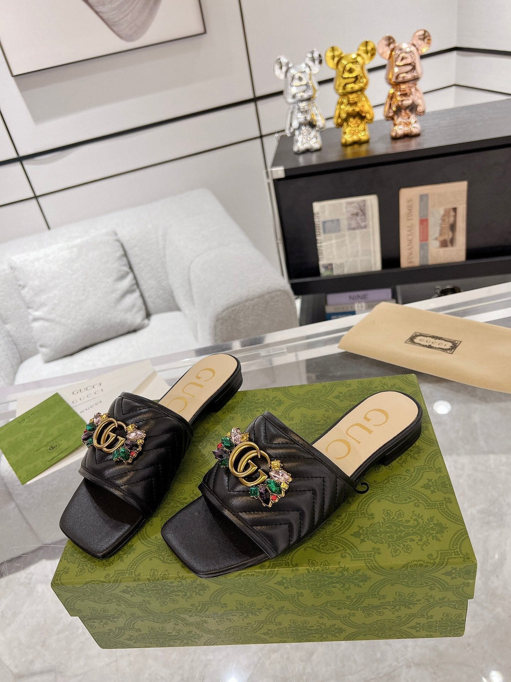 GUCCI SPARKLE CRYSTAL SLIDE SANDAL BLACK CALFSKIN