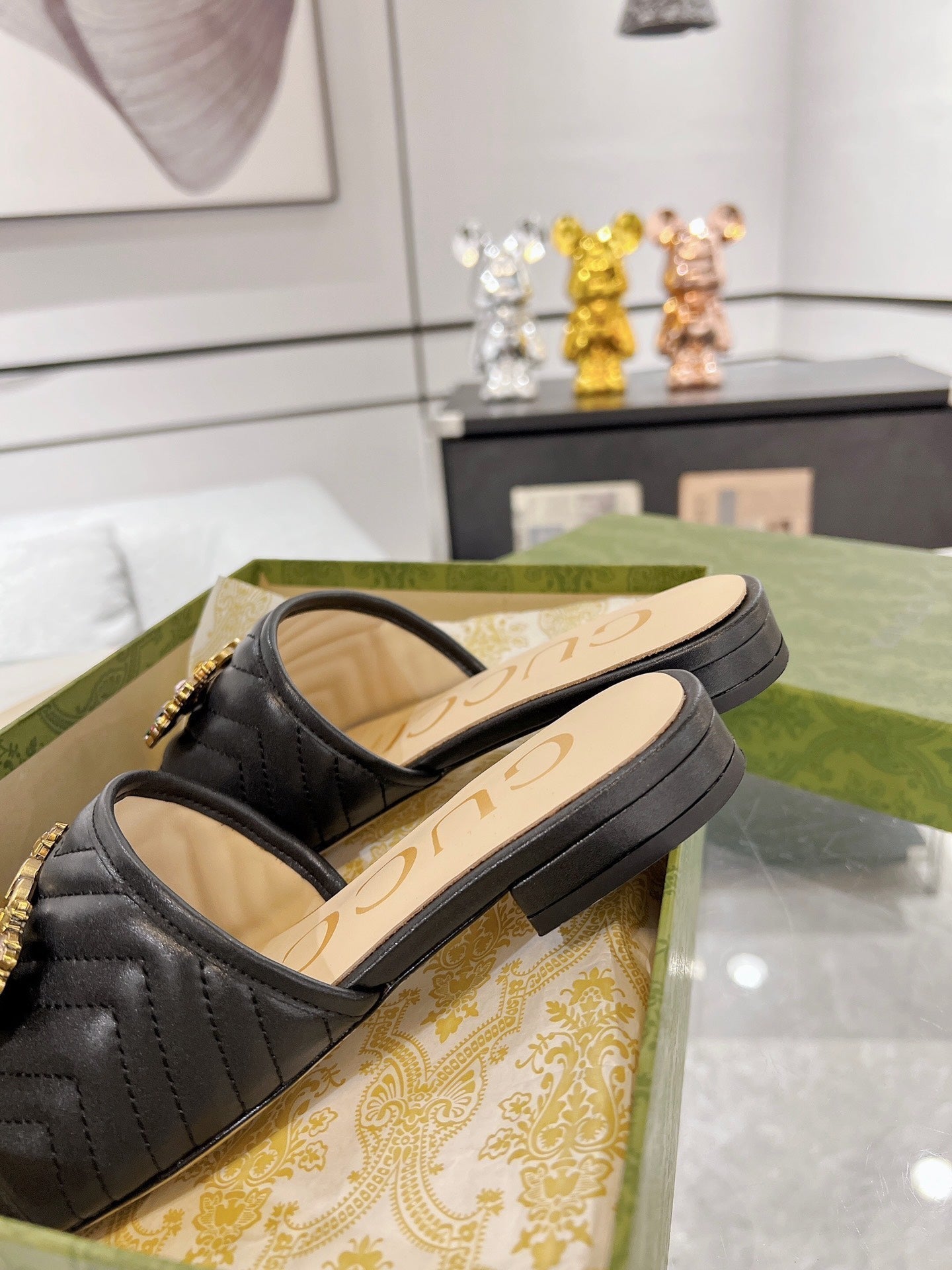 GUCCI SPARKLE CRYSTAL SLIDE SANDAL BLACK CALFSKIN