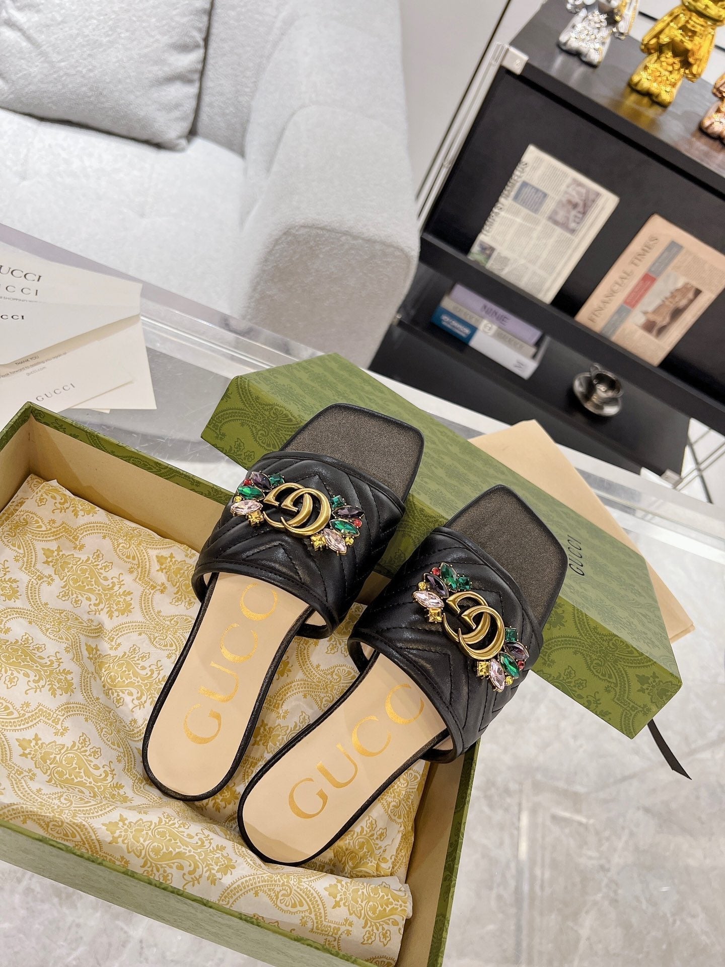 GUCCI SPARKLE CRYSTAL SLIDE SANDAL BLACK CALFSKIN