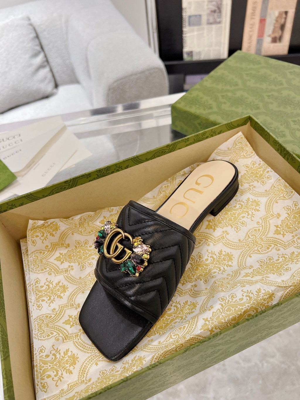 GUCCI SPARKLE CRYSTAL SLIDE SANDAL BLACK CALFSKIN