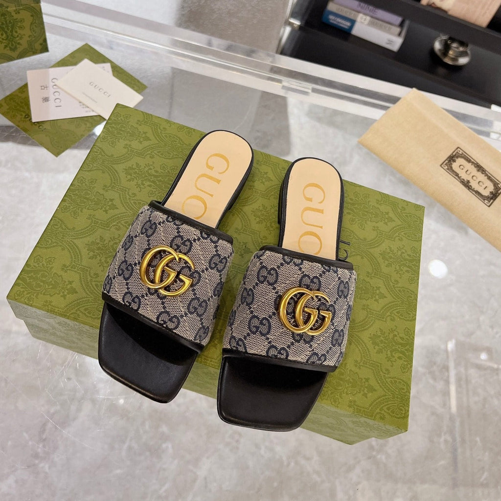 GUCCI EXCLUSIVE SLIDE SANDAL BLACK AND CHARCOAL FABRIC