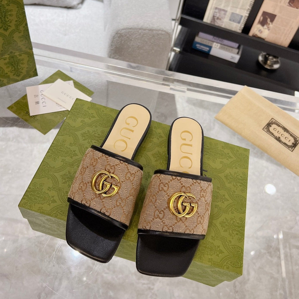 GUCCI EXCLUSIVE SLIDE SANDAL BLACK AND BROWN FABRIC